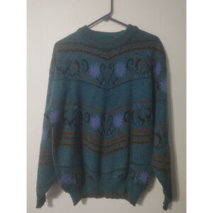 Women's(?) Vintage Adam Sloane Teal Brown Patterned Crew Neck Sweater L